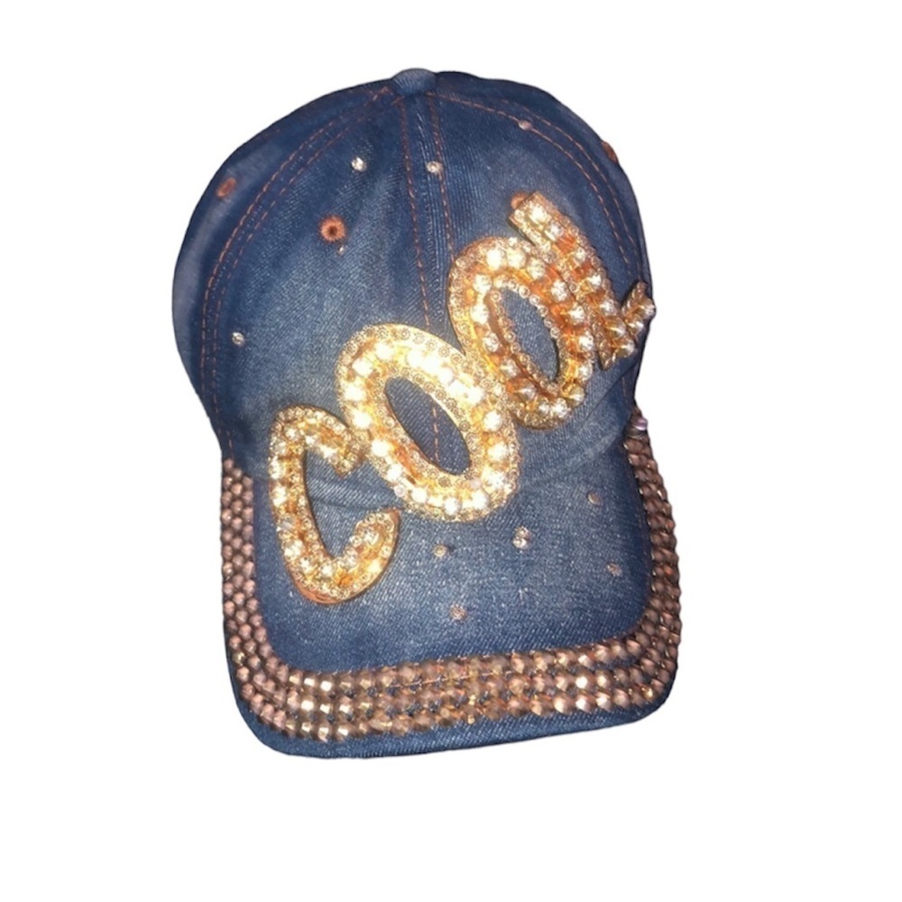 BEDAZZLED denim cap. Blue and gold